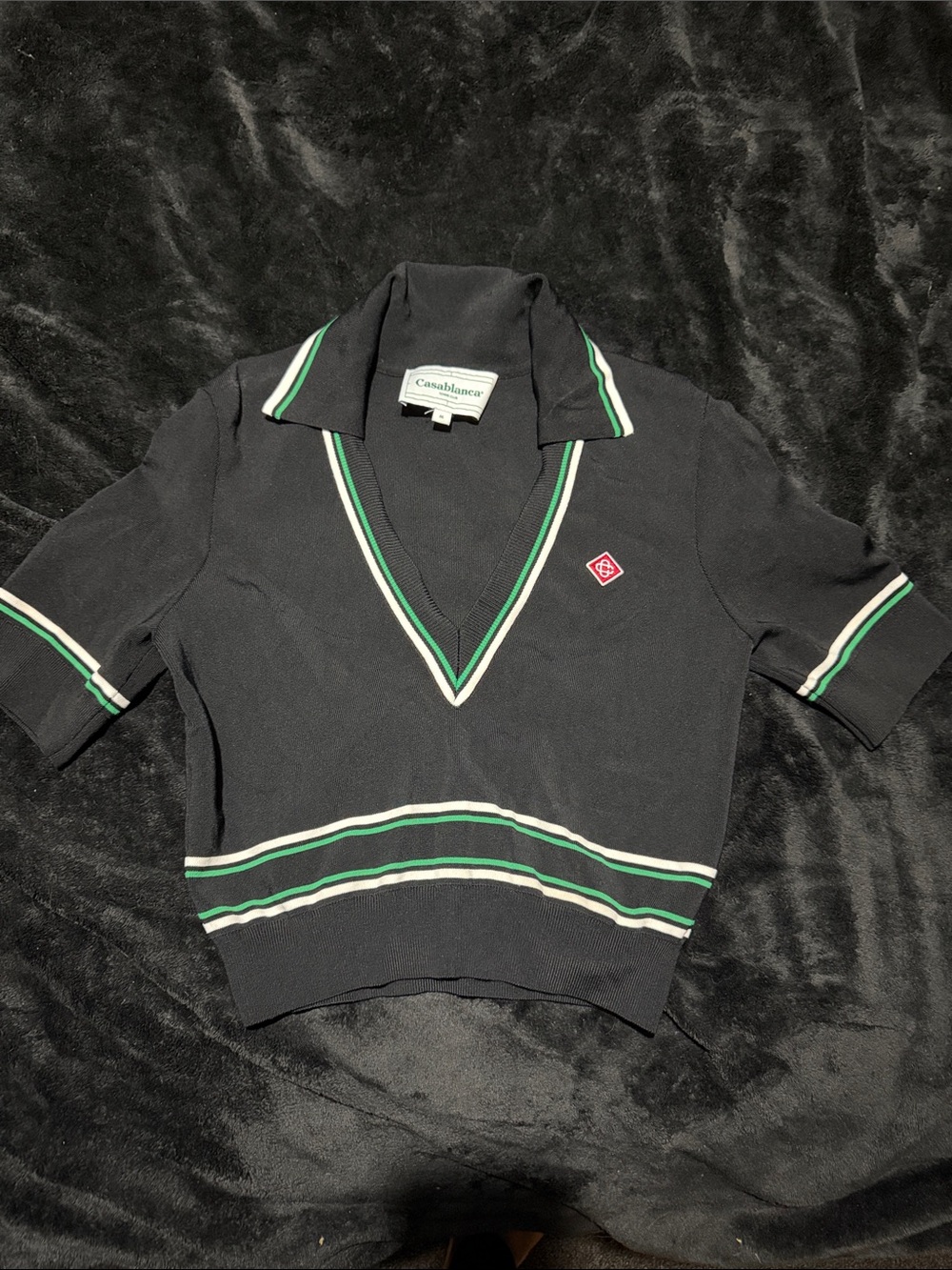 Casablanca Black V-Neck Short Sleeve Knit Sweater with Green & White Trim